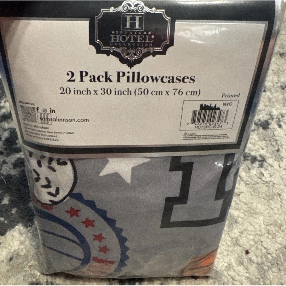 Signature Hotel Pair Standard Size Sports Theme Gray Pillowcases 20' by 30' New